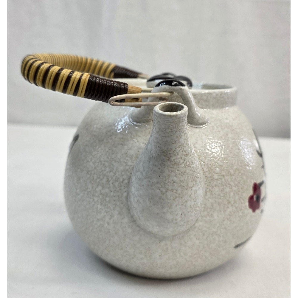 Vintage Japanese Ceramic Teapot Cherry Blossom Floral Speckled Glaze Bamboo Han